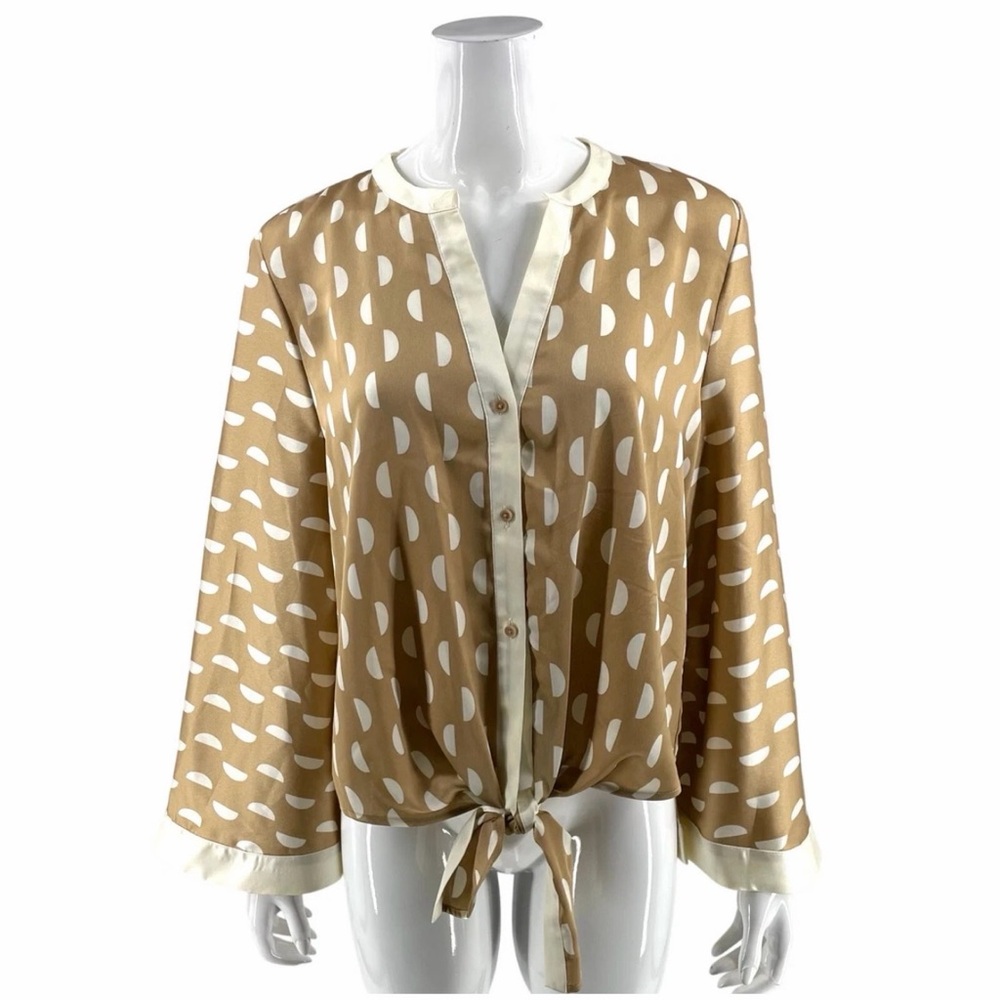 Halogen Tan and White Tie-Front Button-Down Blouse